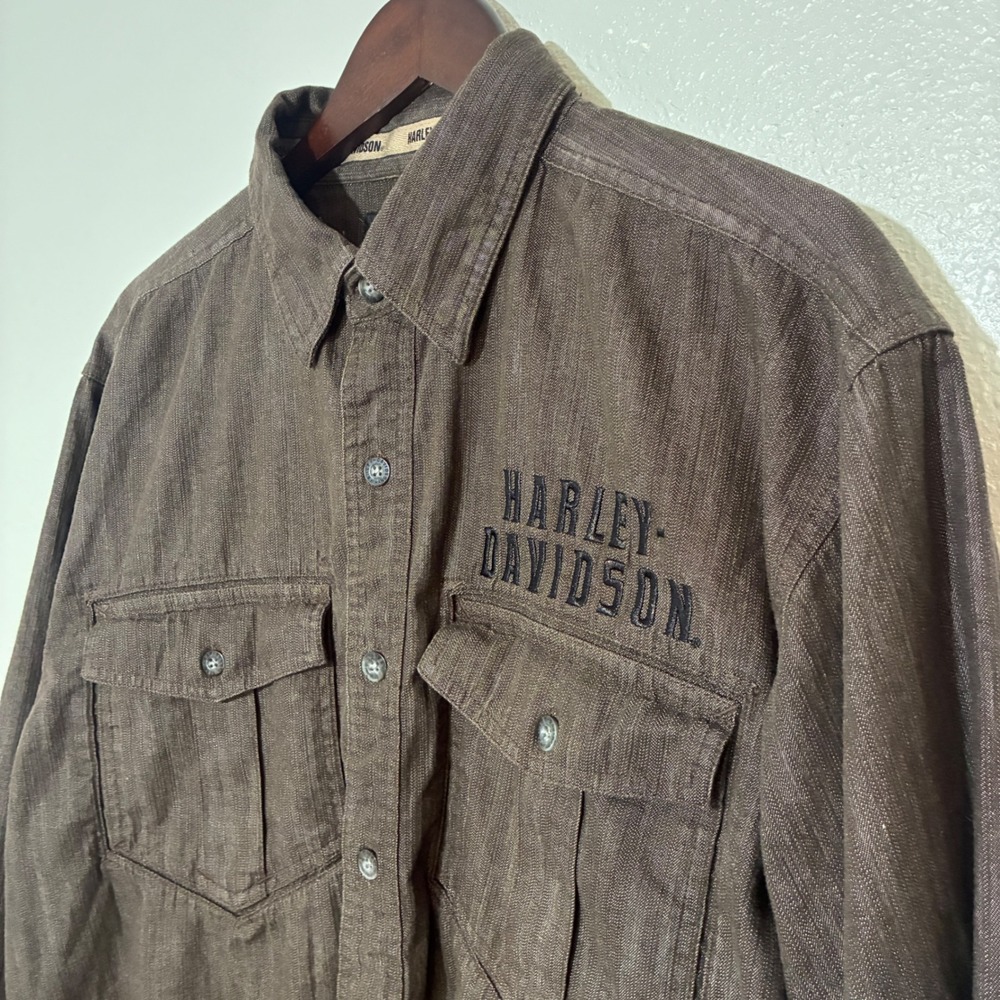 Harley Davidson Mens Brown Embroidered Winged Logo Button Down Shirt Large